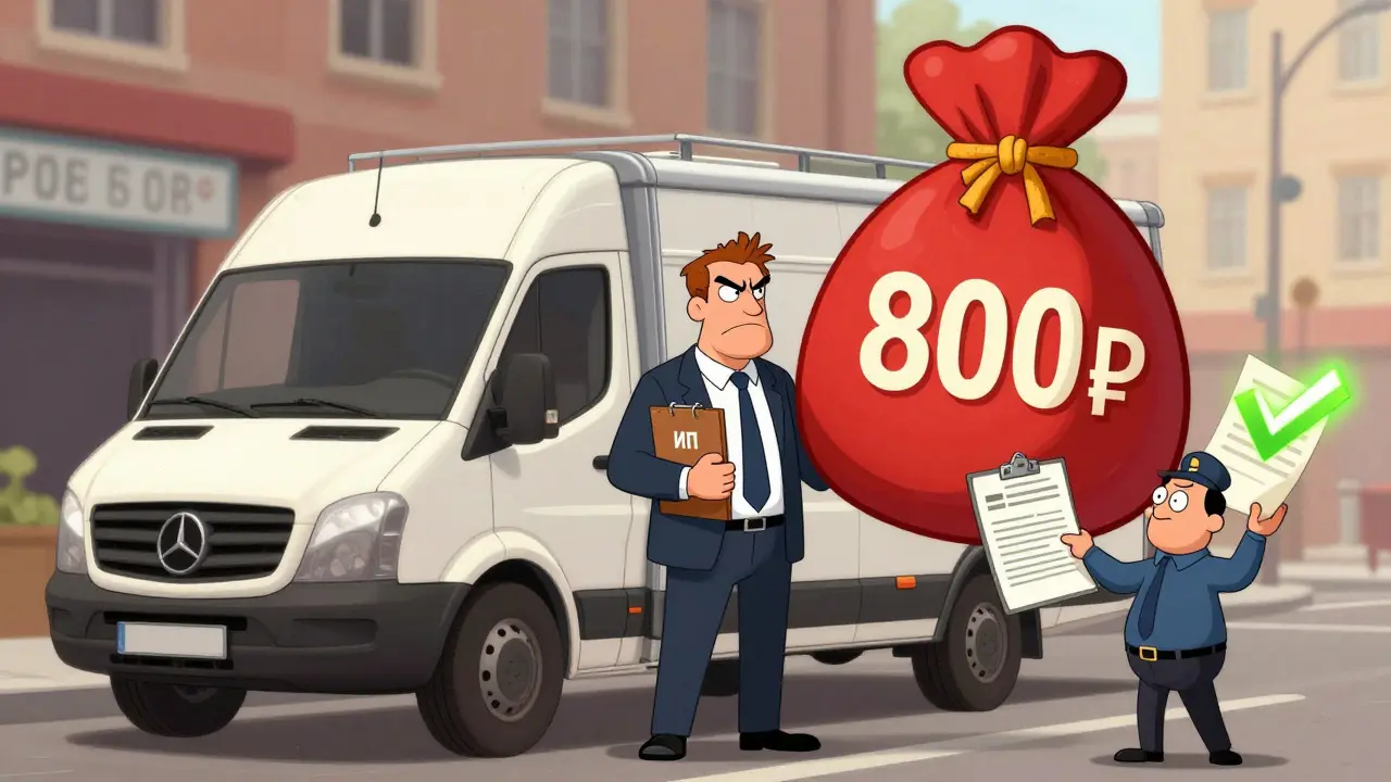 ИП с прицепом и предупреждающей табличкой 800₽, рядом агент с полисом, но зеленая галочка напоминает о правильном оформлении.