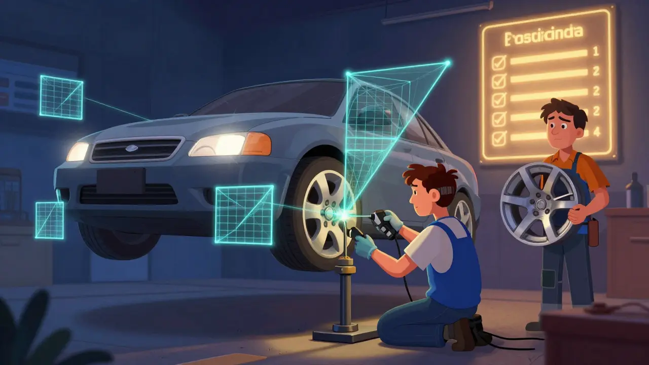 Механик настраивает развал-схождение, вокруг колес — светящиеся геометрические углы.