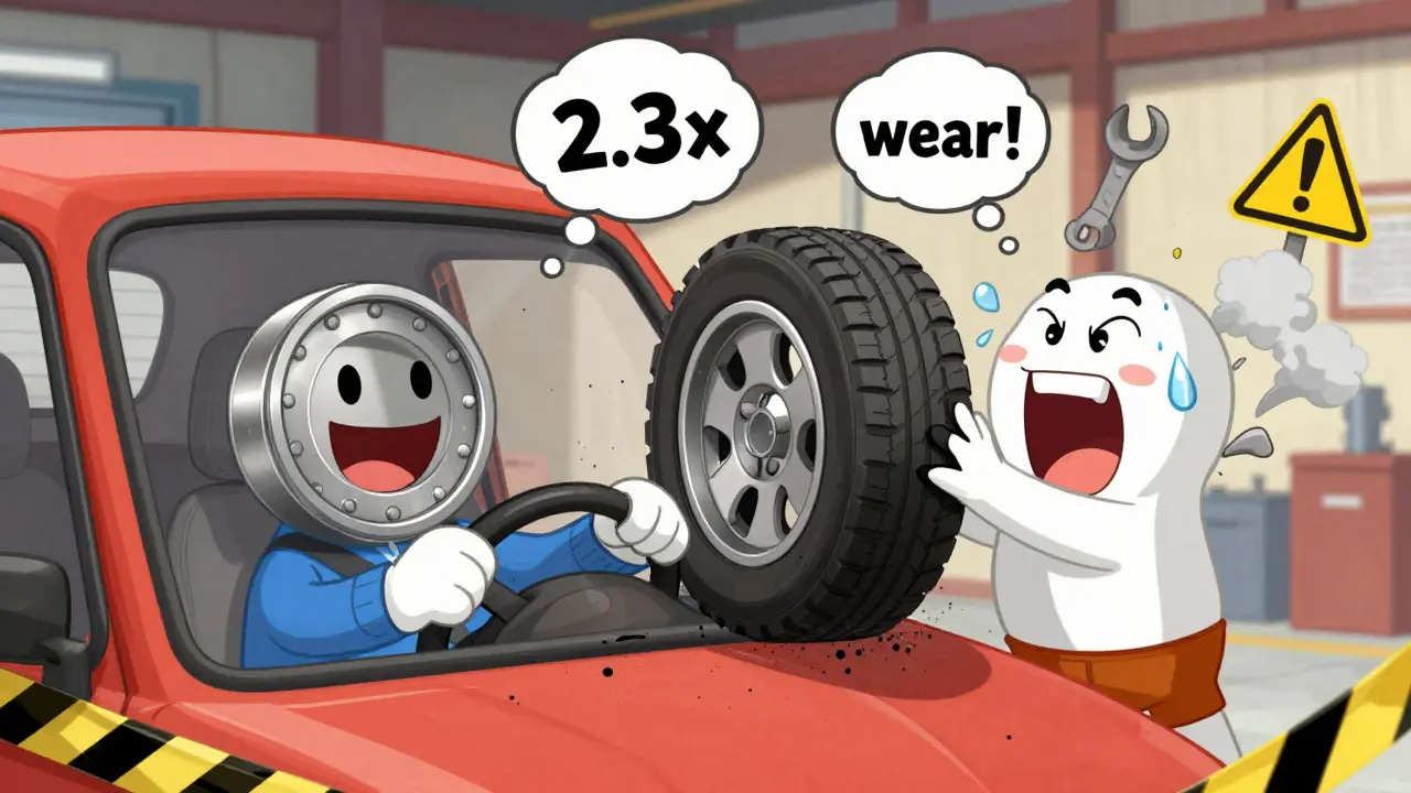 Неисправный подшипник с дымящимся колесом и предупреждающими цифрами в воздухе.