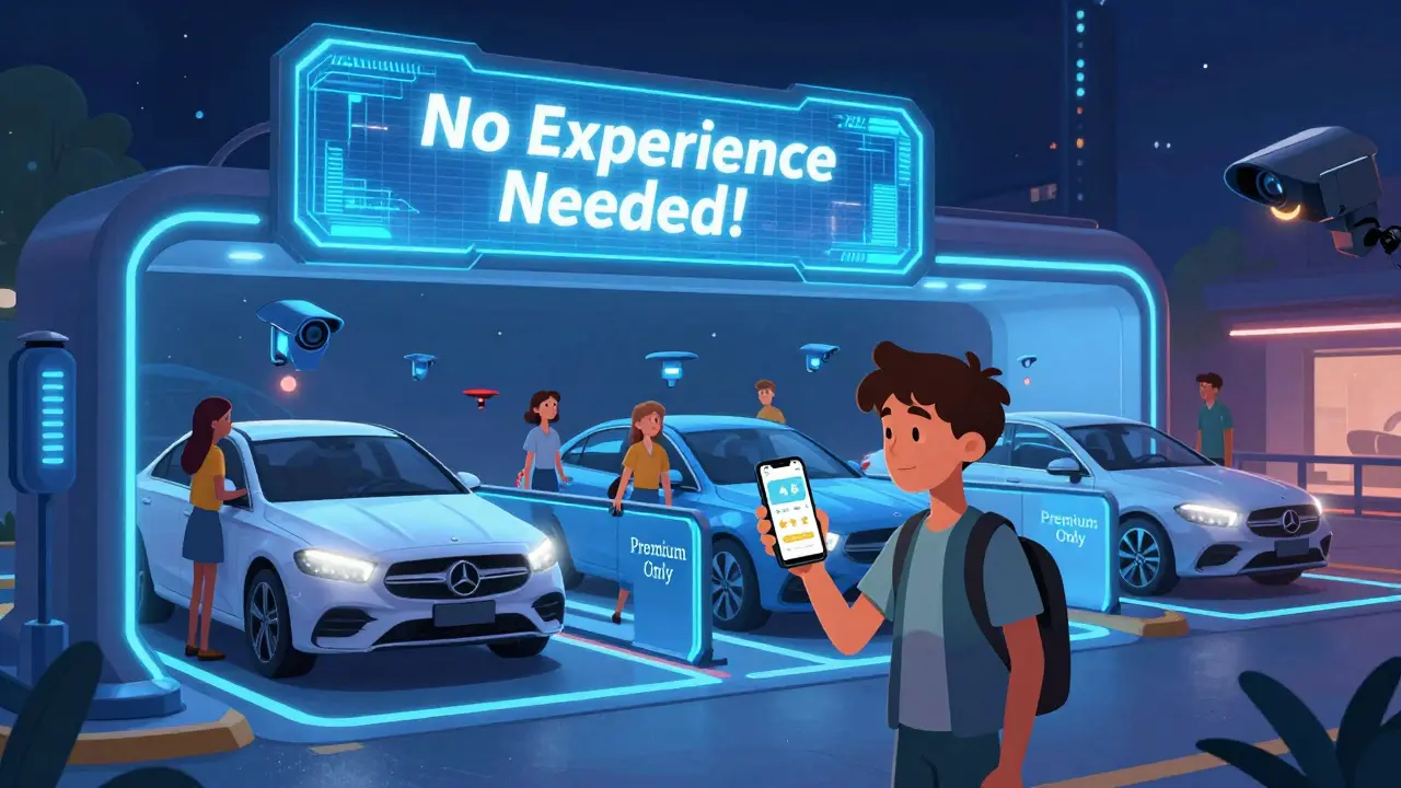 Ночная станция каршеринга с молодыми людьми, берущими машины, и голографическим сообщением 'Опыт не нужен'.