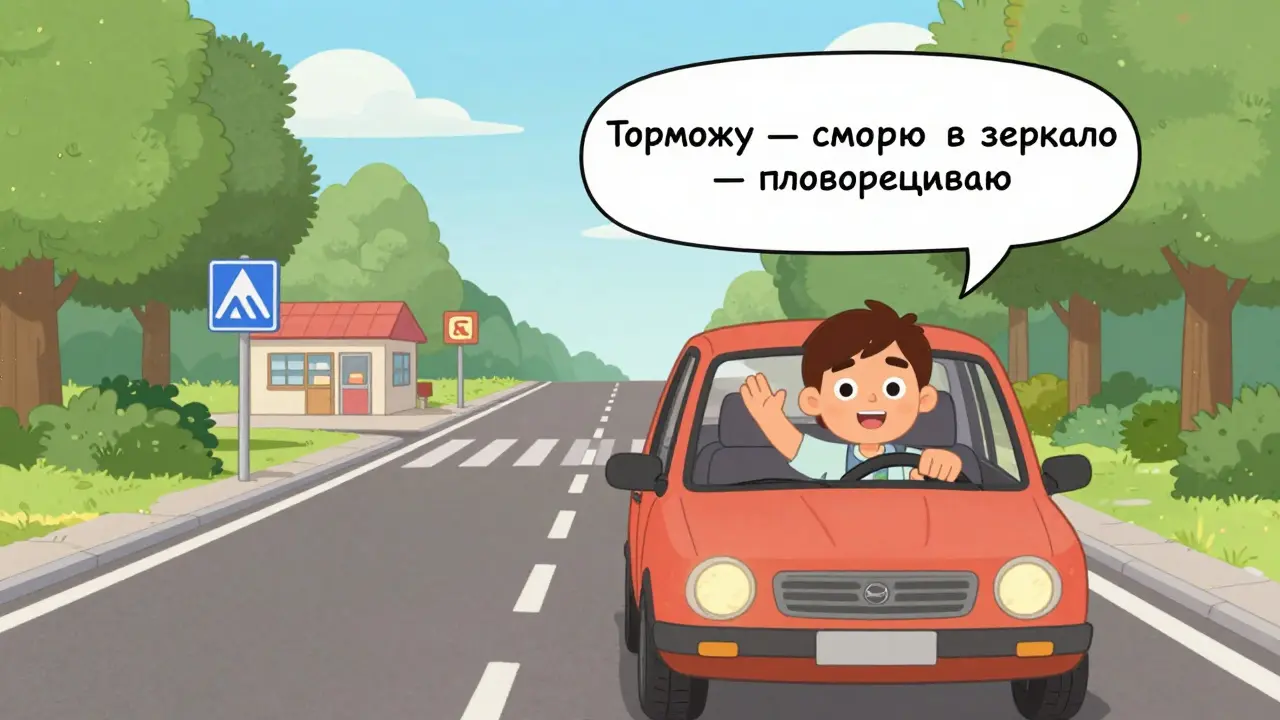 Новичок за рулём следует за другом на расстоянии, повторяя его действия на тихой улице с дорожными знаками.