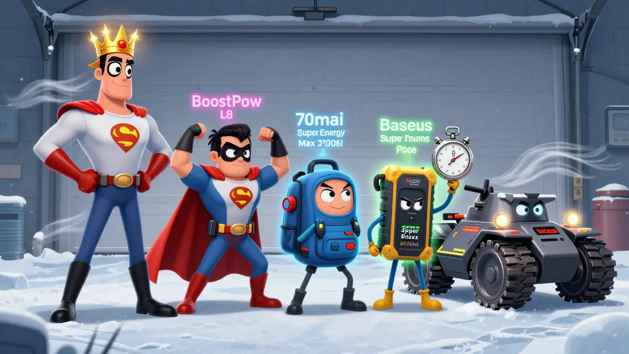 Пять портативных запускателей выстроены как герои на снежном полу гаража.