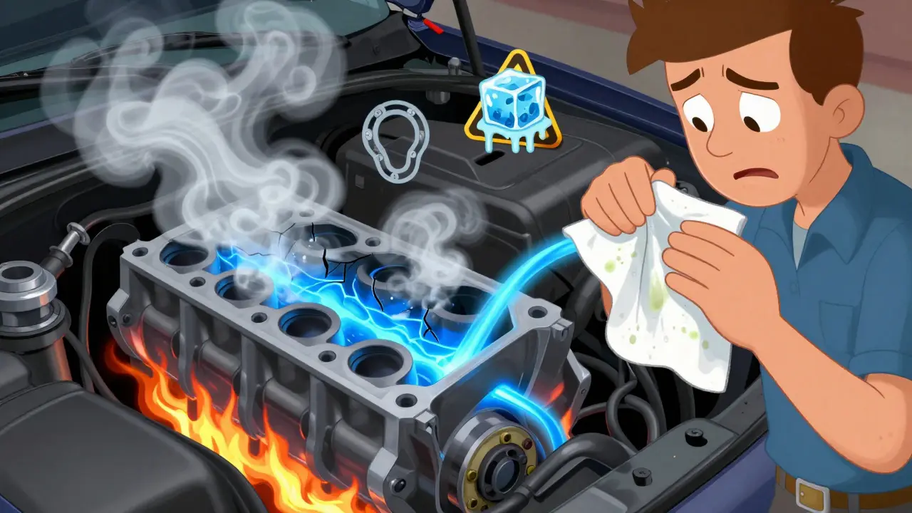 Разбитая головка блока цилиндров, вытекает антифриз, белый дым с сладким запахом.