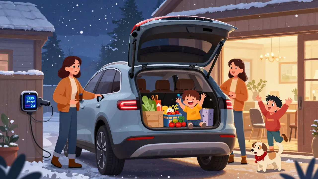 Семья загружает багажник электромобиля, заряжает его дома, дети улыбаются из салона.