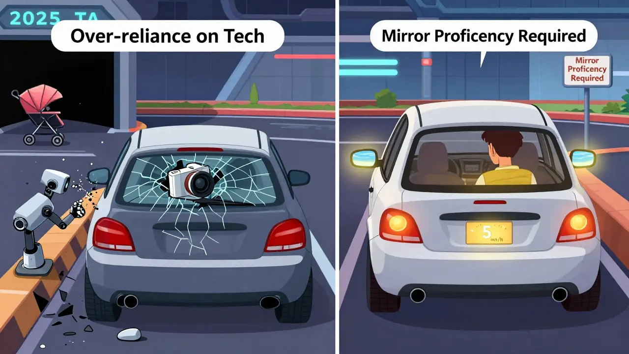 Сравнение: машина с сломанной камерой и машина с правильным использованием зеркал в мультяшном стиле.