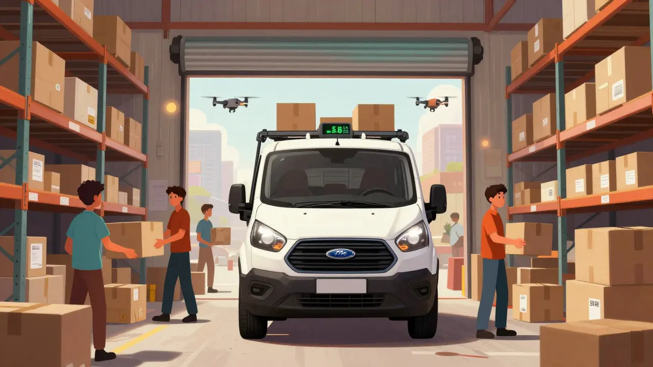 Средний фургон Ford Transit Custom загружается с двух сторон на складе e-commerce.