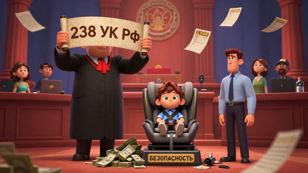 Судебная сцена: детское кресло перевешивает деньги, водитель получает штраф.