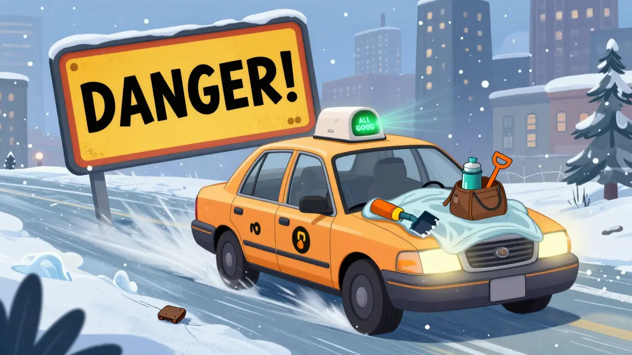Такси на льду, водитель достаёт из сумки термос и лопату, на приборной панели зелёный сигнал.