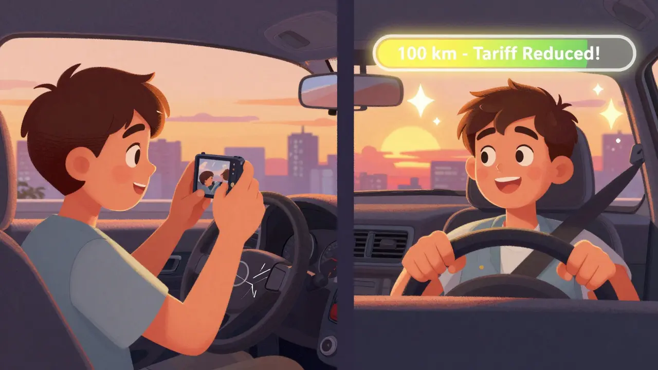 Юный водитель фотографирует царапины на машине, затем едет счастливым под закатом.