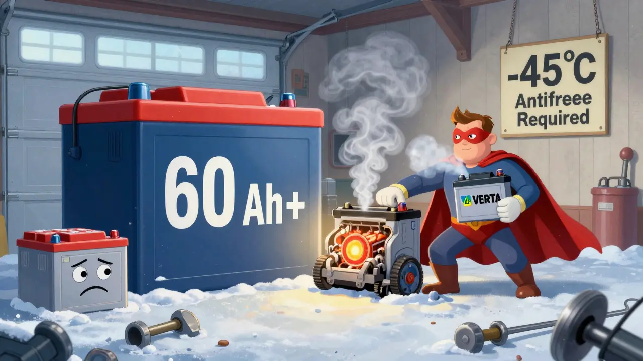 Водитель держит надёжный аккумулятор рядом с сломанным китайским, в гараже с морозом.