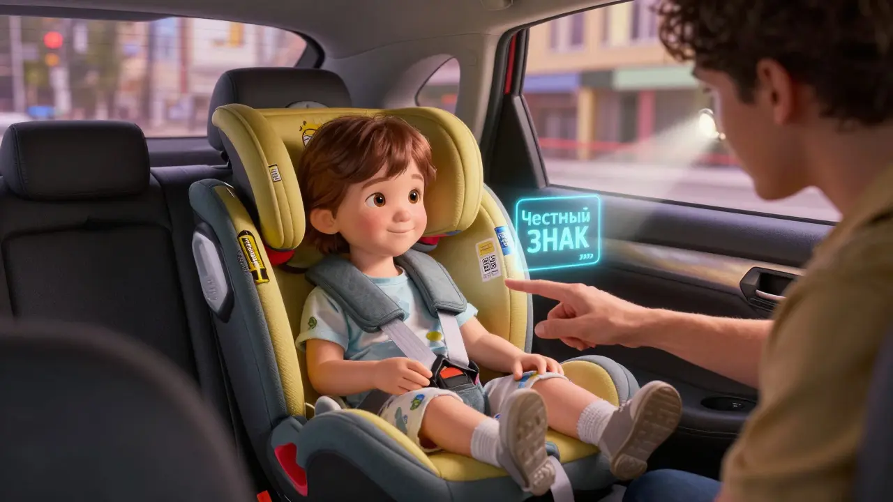 Водитель и родитель проверяют сертифицированное детское кресло с QR-кодом в такси.