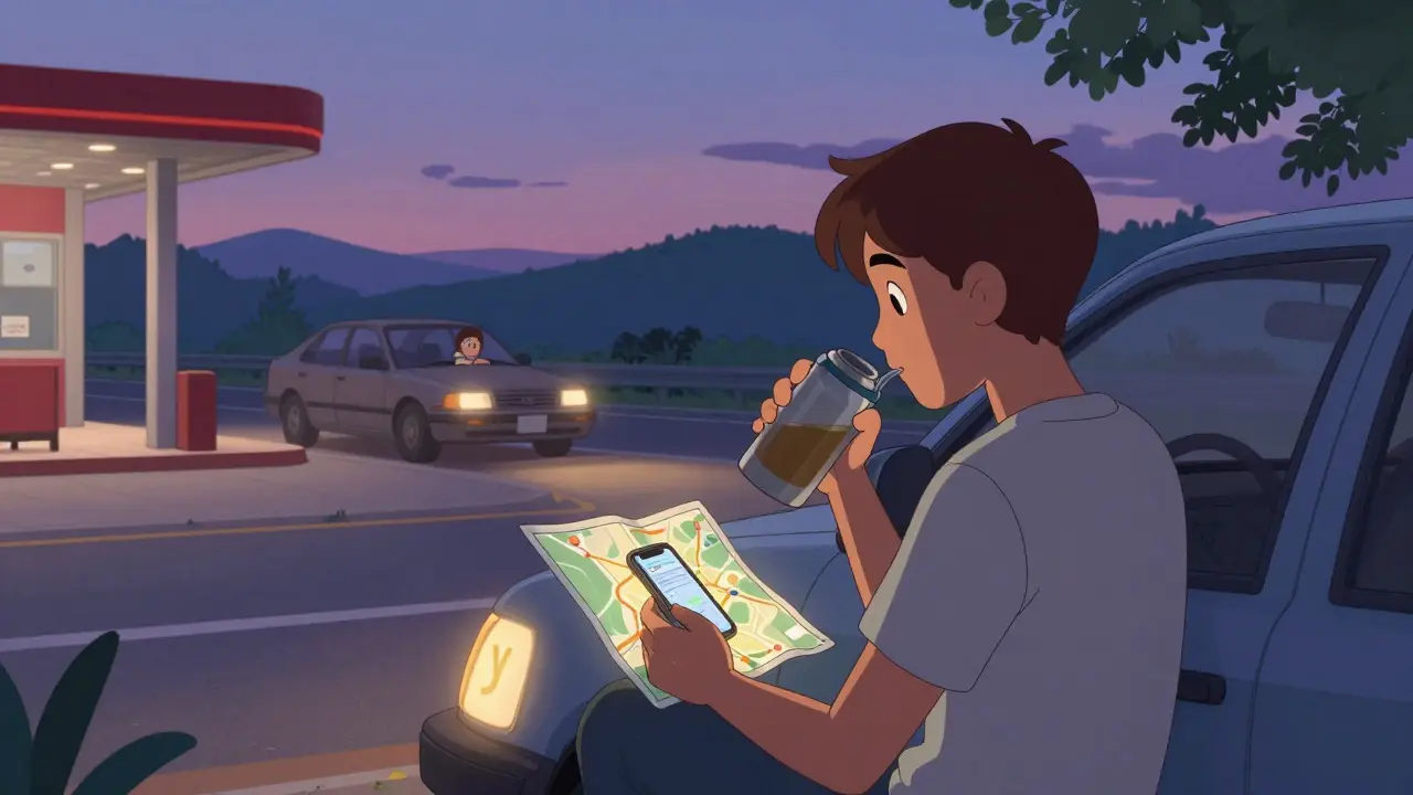 Водитель отдыхает на обочине на закате, пьёт чай и смотрит на карту, машина с символом 'У' стоит рядом.