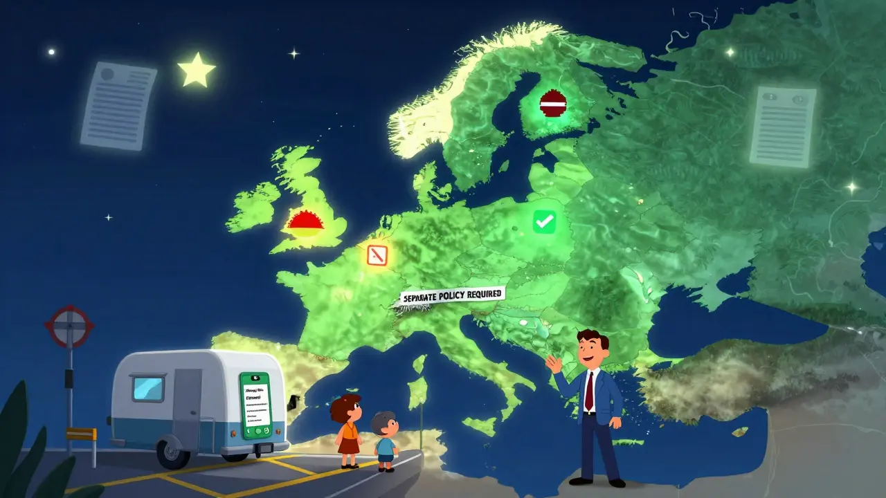 Зелёная карта над картой Европы, страны показывают разные правила для прицепов, семья спокойно переезжает границу.