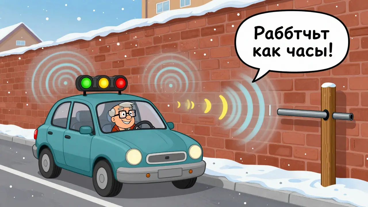 Автомобиль медленно движется назад, а датчики парктроника обнаруживают стену и бордюр, но игнорируют тонкую трубу.