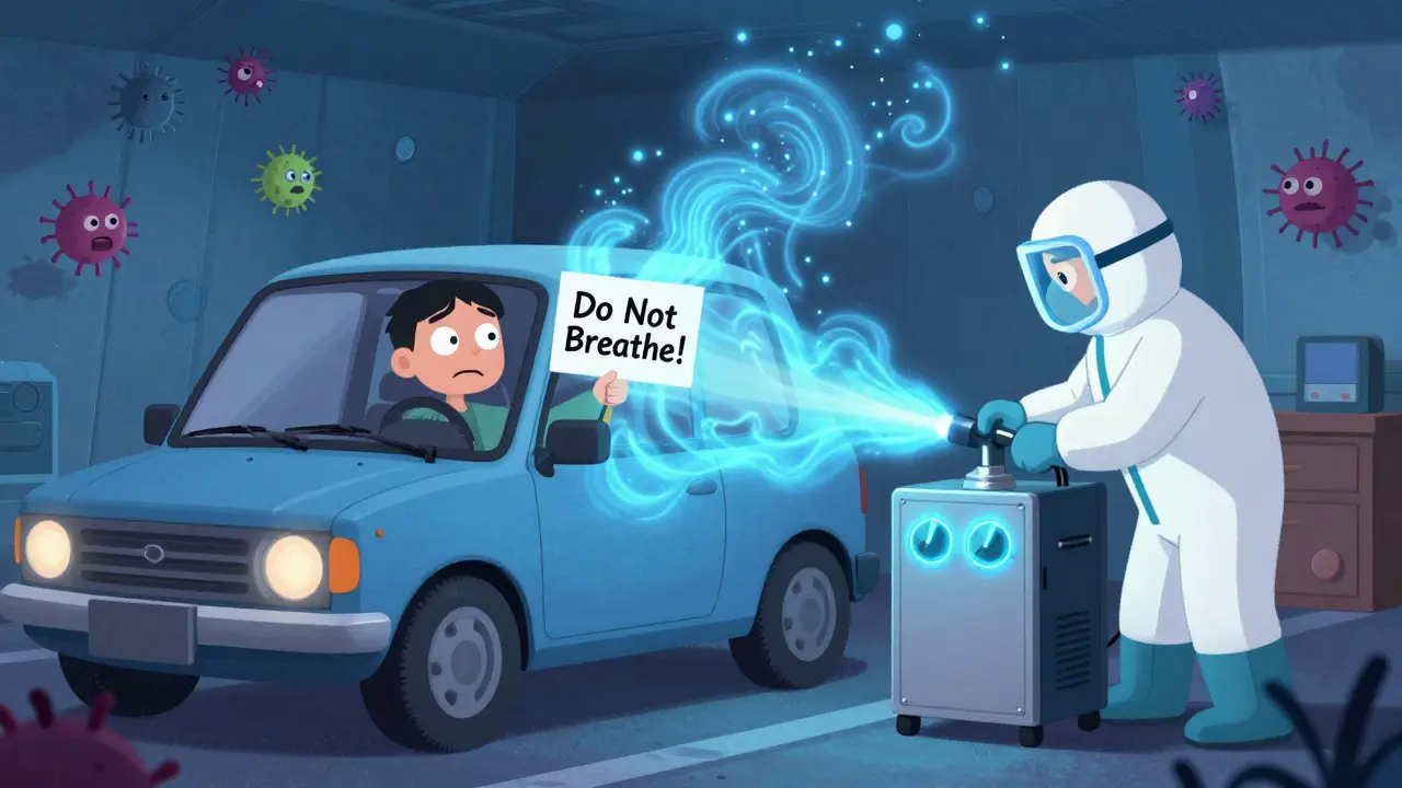 Автомобиль подвергается озонированию: синие частицы озона нейтрализуют запахи, техник в защитном костюме управляет оборудованием.