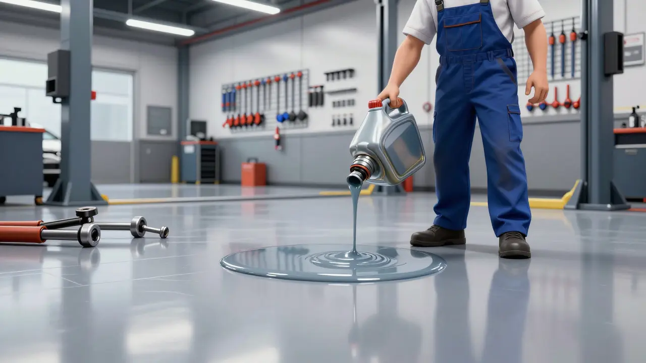 Блестящий наливной пол в автосервисе, подъемник и инструменты на гладкой поверхности без пятен.