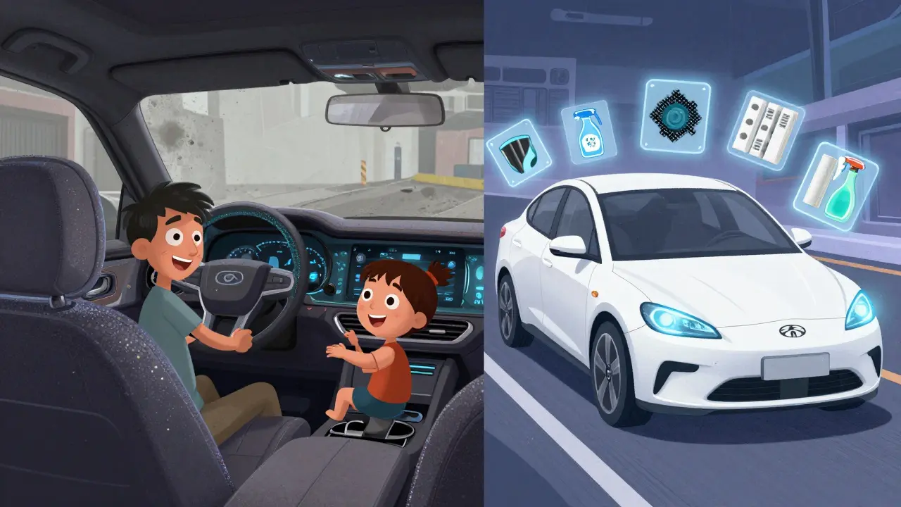 Будущий автомобиль с нанопокрытием, чистый и свежий, рядом — сравнение с грязным салоном, вокруг летают средства борьбы с запахами.