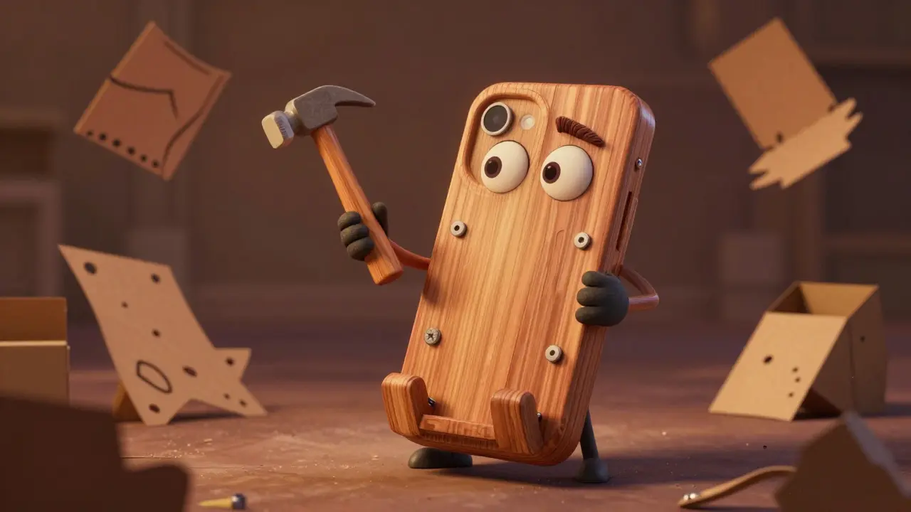 Деревянный держатель для телефона с винтами и инструментами рядом.