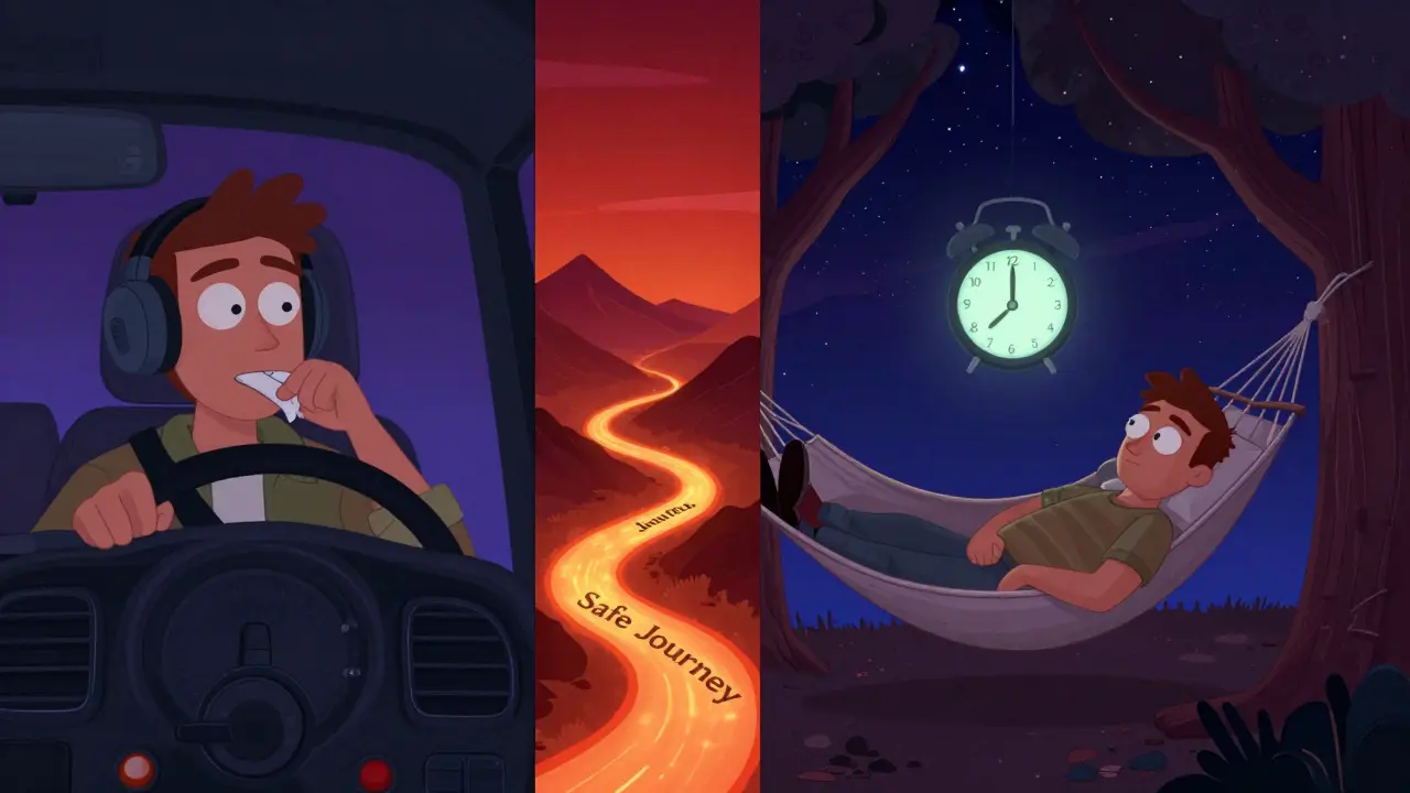 Два сценария: один — водитель игнорирует предупреждения, другой — спит в гамаке, между ними путь к безопасности.