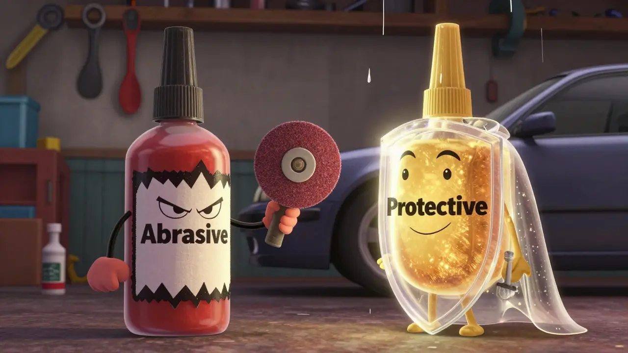Две полироли в стиле мультфильма: агрессивная абразивная и дружелюбная защитная, одна с диском, другая с щитом, защищающая машину от дождя.