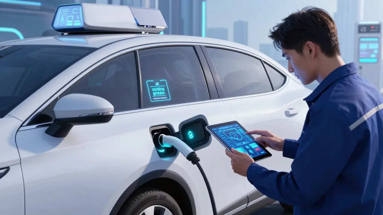 Электрическое такси на зарядной станции с цифровым дашбордом