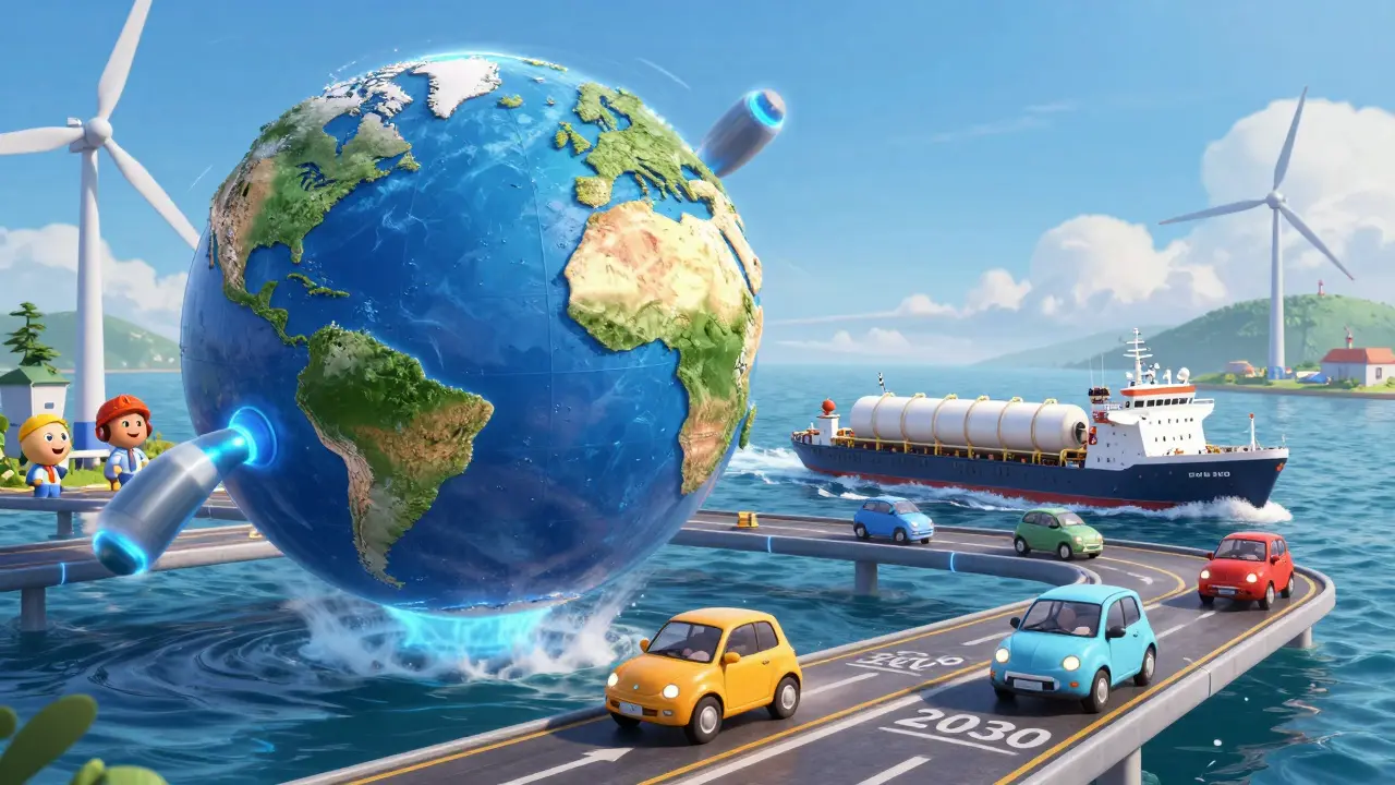 Глобальная сеть водородной инфраструктуры: корабль перевозит водород между Японией, Германией и Россией, автомобили едут по дорогам будущего.