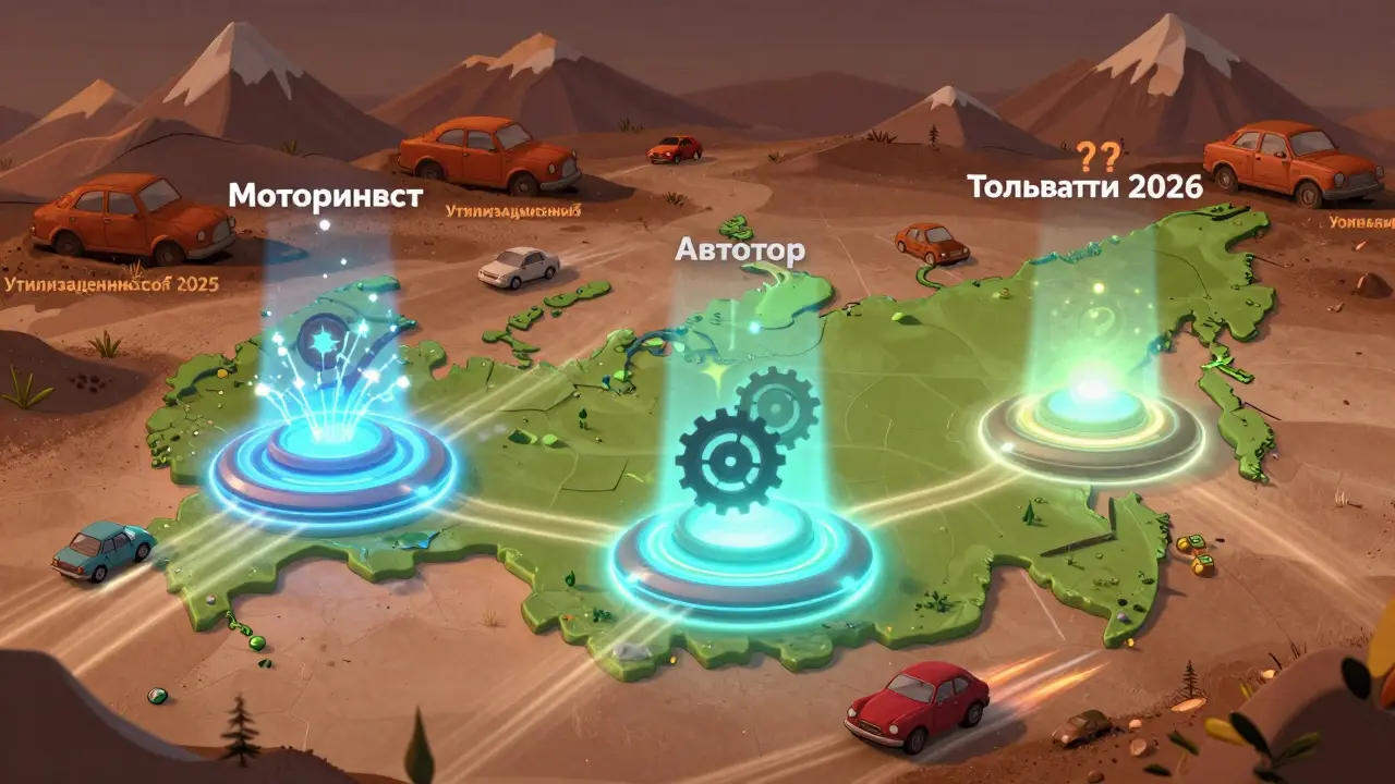 Карта России с тремя светящимися центрами автопроизводства и теневыми силуэтами старых импортных моделей.