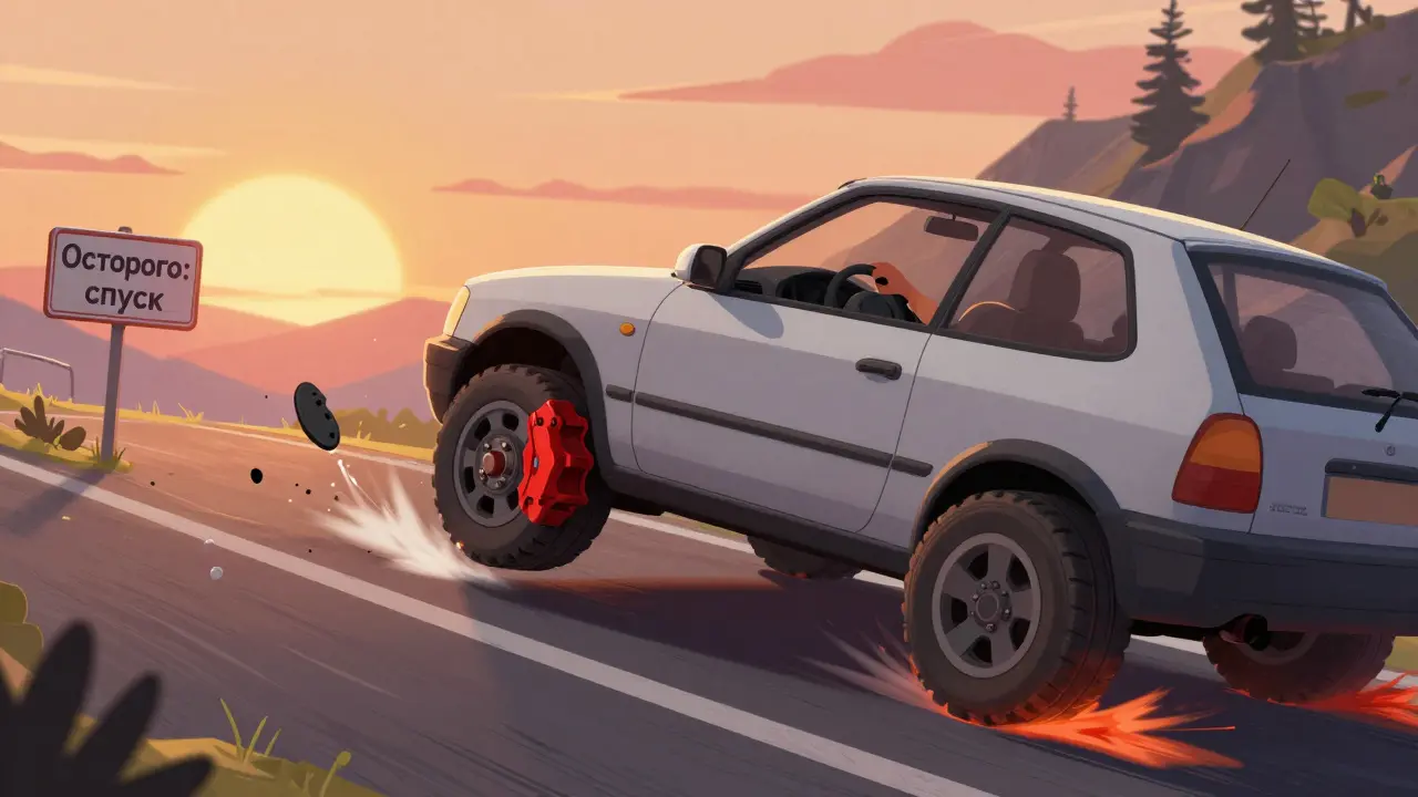 Машина уводит в сторону при торможении, один суппорт течет, дорога с горным склоном за спиной.