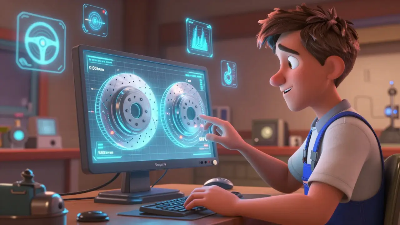 Механик использует голографический стенд для диагностики тормозов, цифры и символы парят в воздухе.