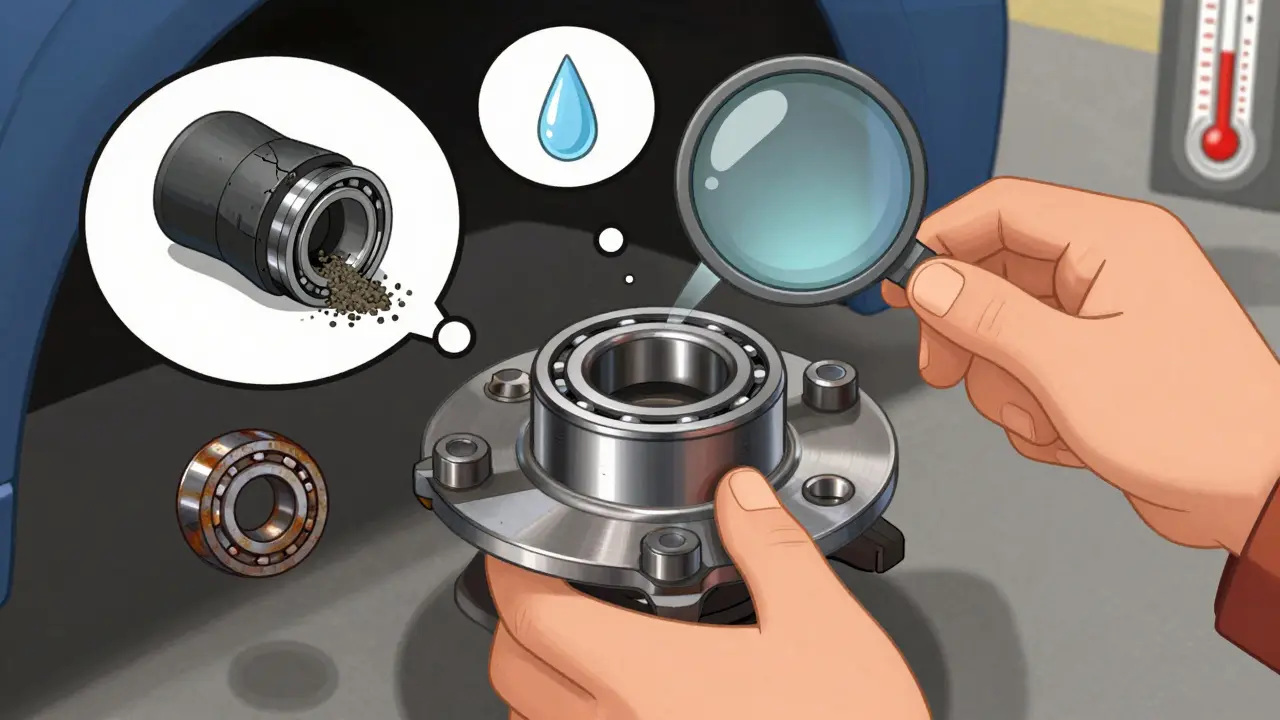 Механик извлекает изношенный подшипник ступицы, вокруг — признаки загрязнения, ржавчины и перегрева.