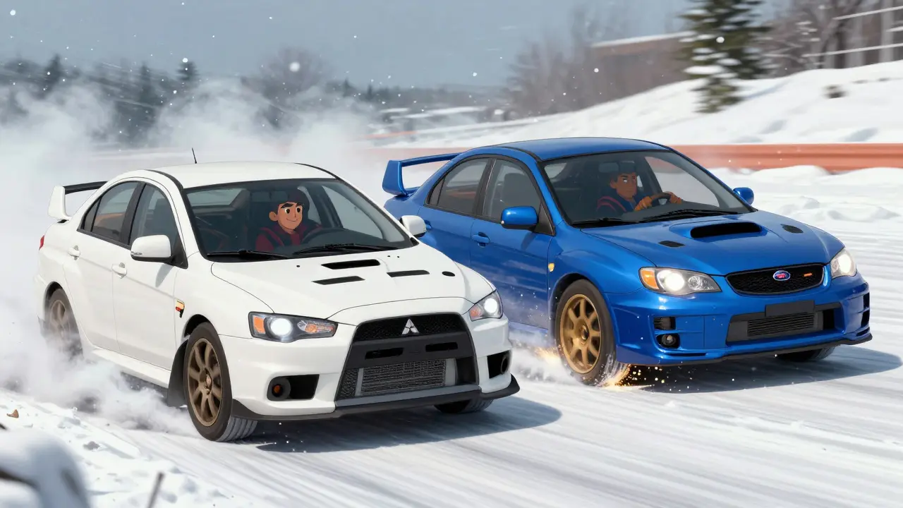 Mitsubishi Lancer Ralliart и Subaru WRX STI соревнуются в змейке на снегу, показывая разные стили управления.