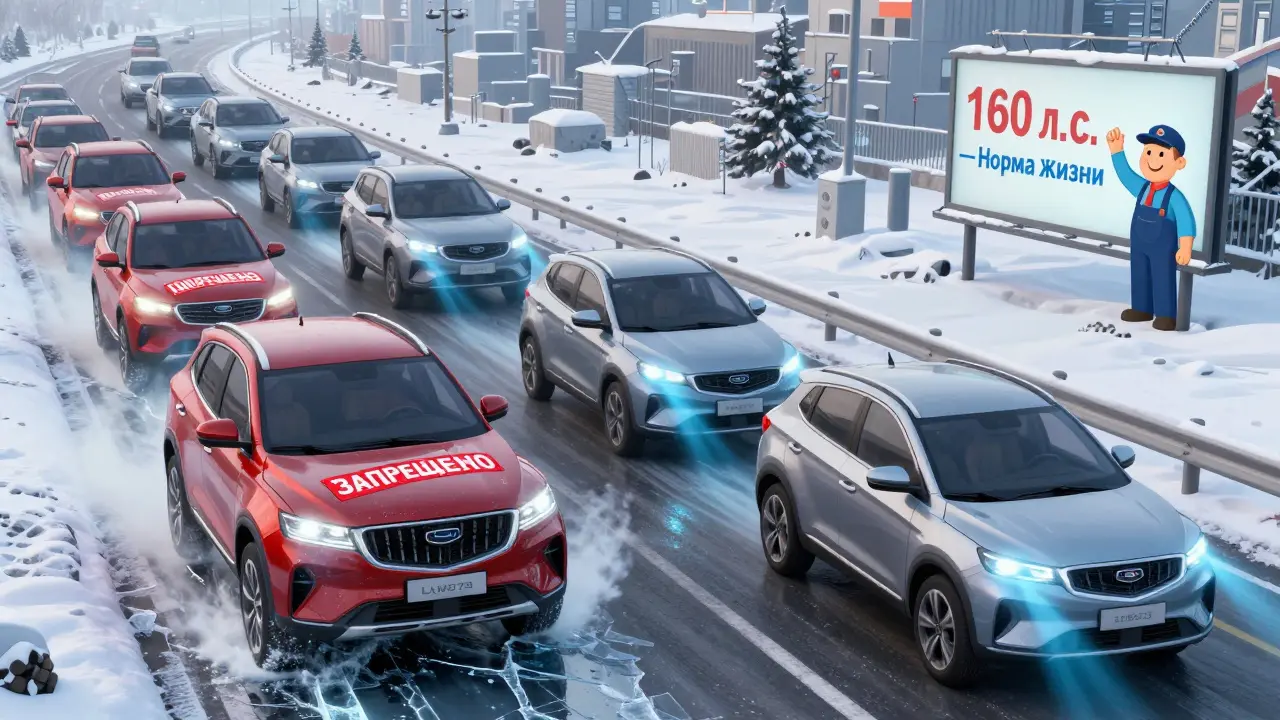 На снежной дороге российские электромобили едут вперед, а импортные SUV с красными запретами тают в снегу.