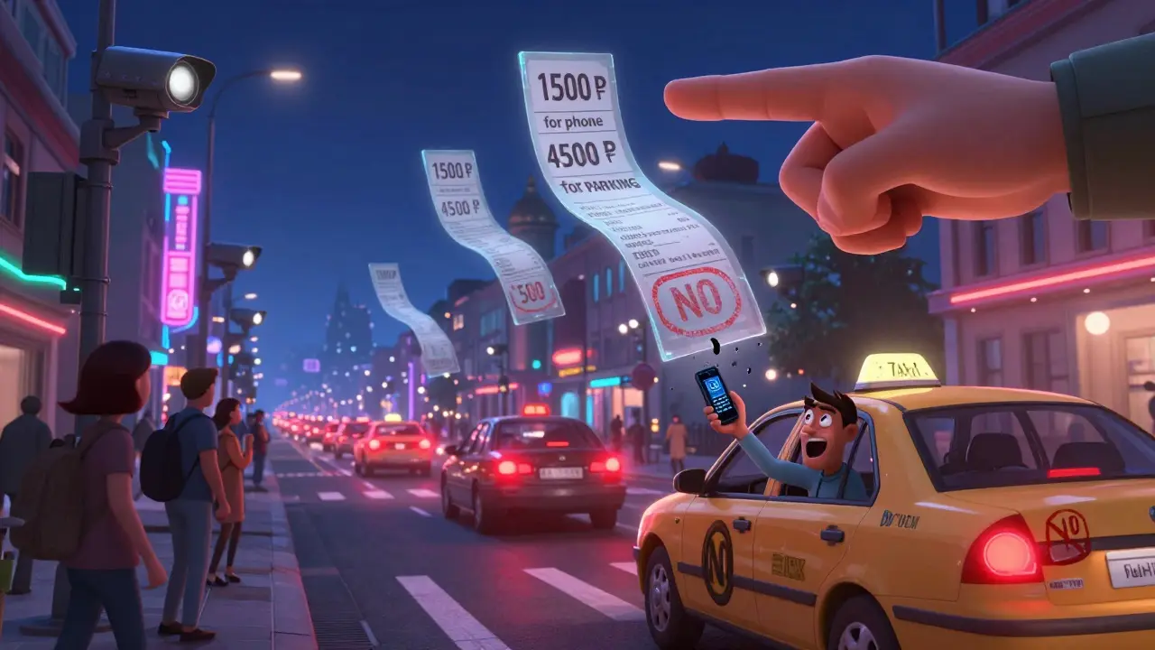 Ночная Москва: камеры фиксируют нарушения, водитель пытается убрать телефон за рулем.