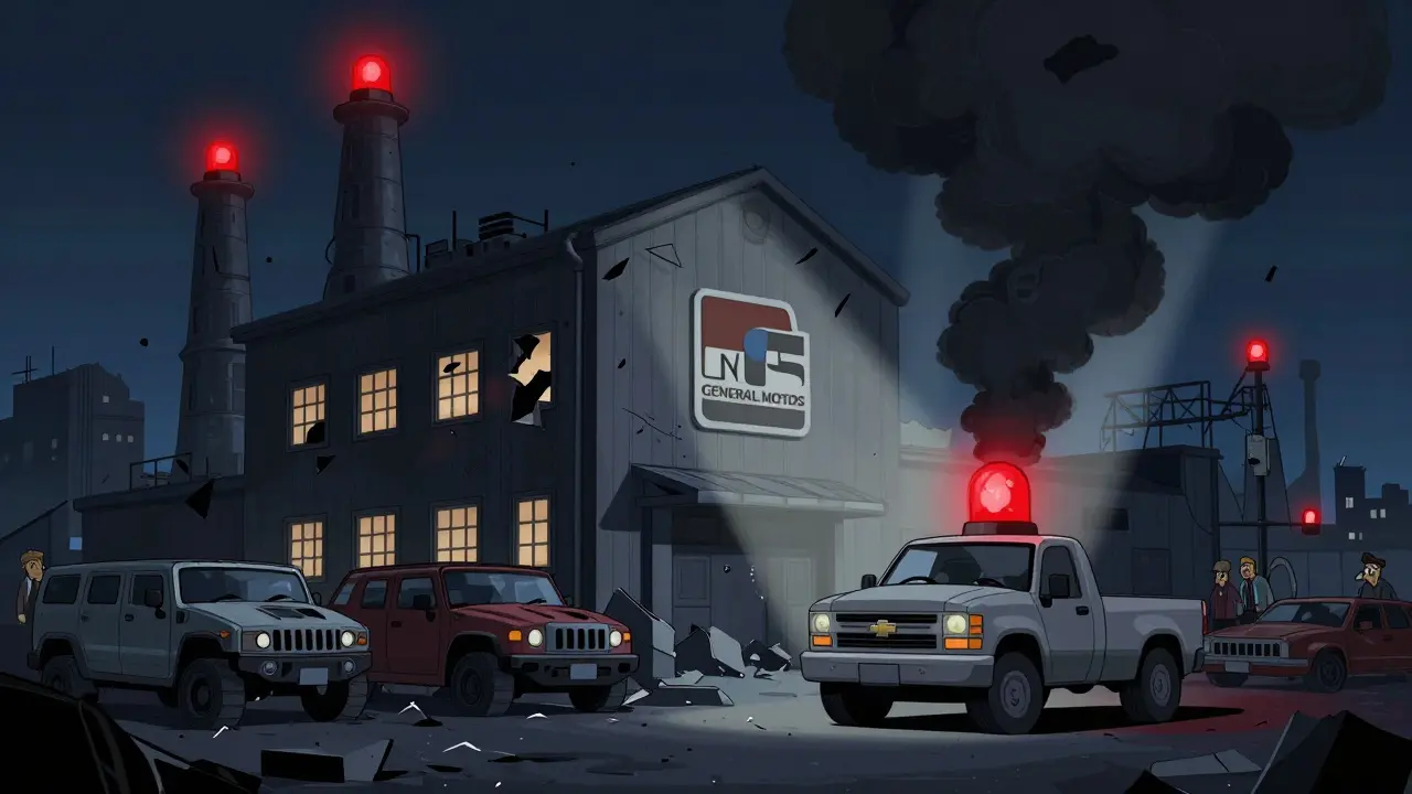 Разрушающаяся фабрика GM с разбитыми автомобилями Hummer и Saturn