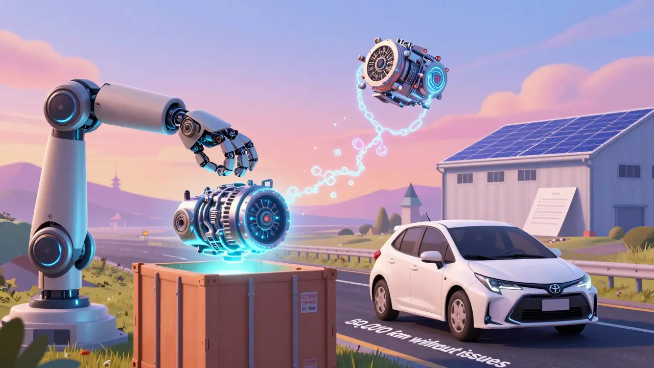 Робот упаковывает двигатель с цифровой цепочкой блокчейн, машина едет по дороге.