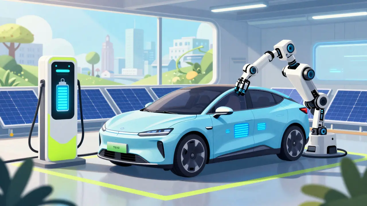 Современный электромобиль GM на зарядной станции в футуристическом городе