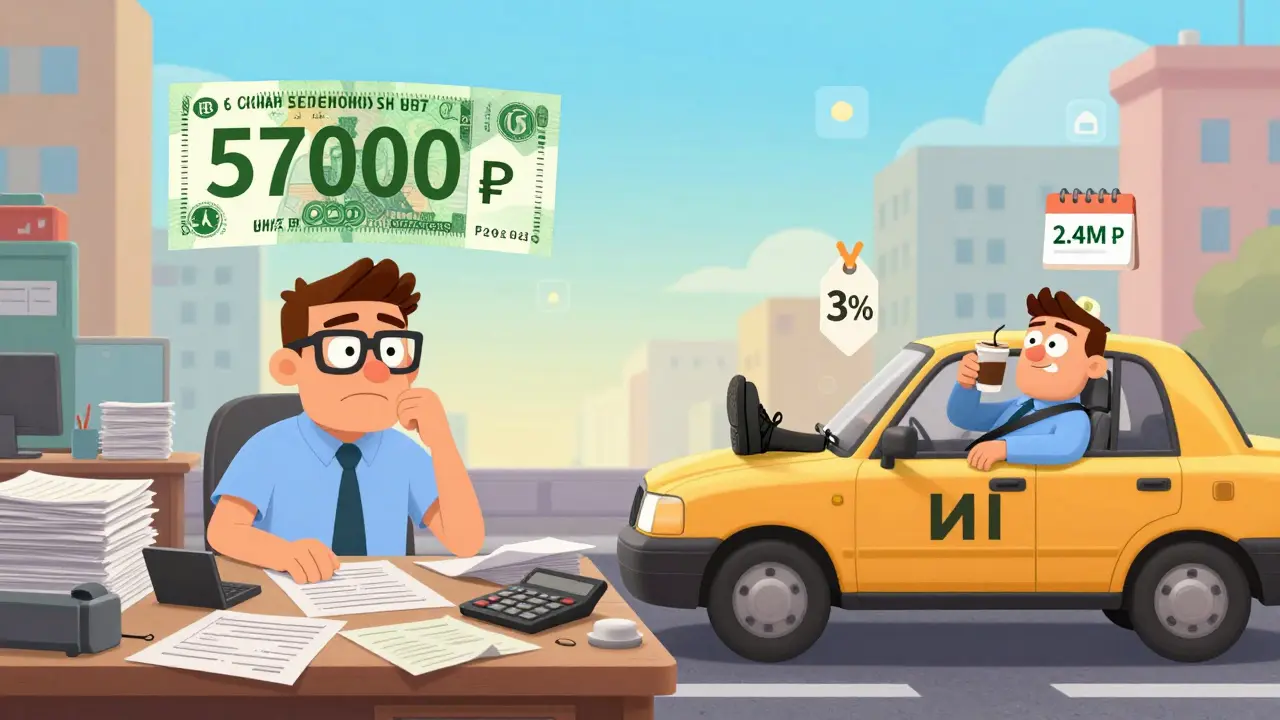 Сравнение двух водителей: один перегружен документами, другой расслаблен с маленьким налогом