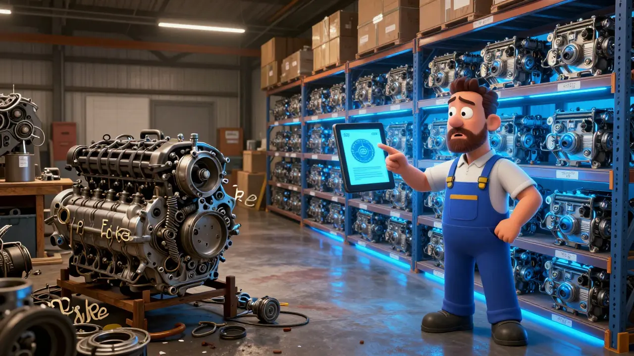 Сравнение поддельных запчастей слева и проверенных контрактных справа в складе.