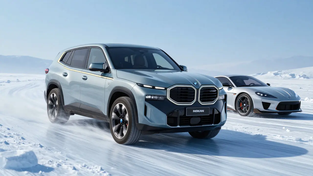 Тяжёлый кроссовер BMW XM стабильно проходит змейку на зимней дороге благодаря низкому центру тяжести и адаптивной подвеске.