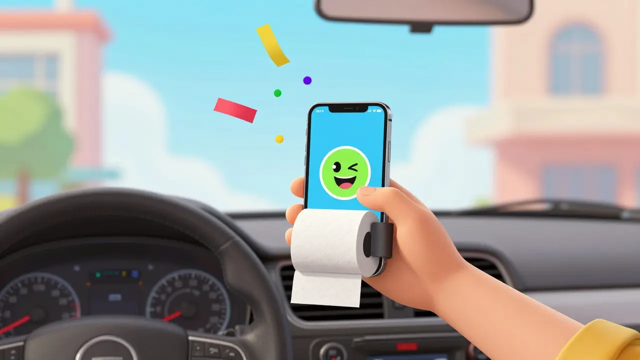 Телефон в держателе из втулки от туалетной бумаги на приборной панели.