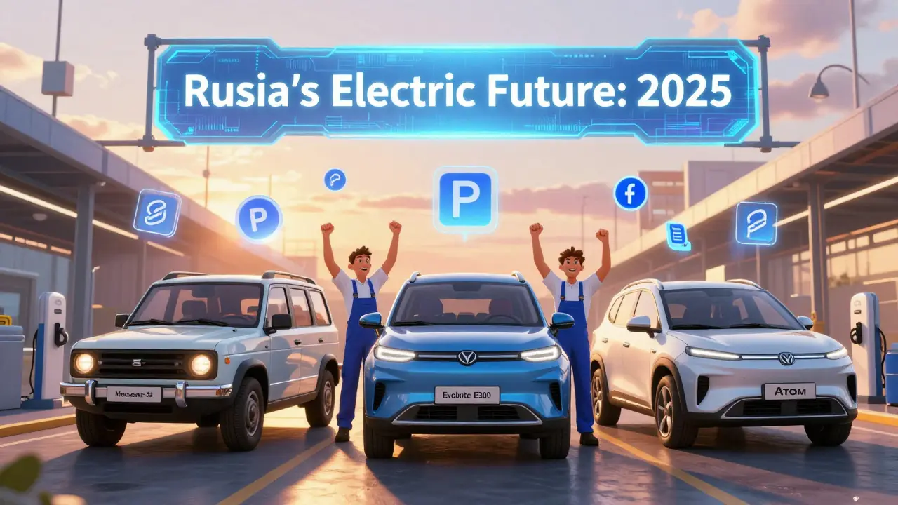 Три российских электромобиля на конвейере под золотым закатом с символами льгот вокруг.