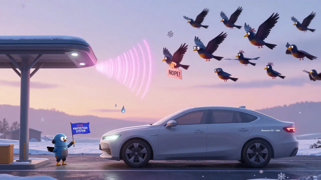 Умная система защиты машины с отпугивателем птиц и датчиками влажности.