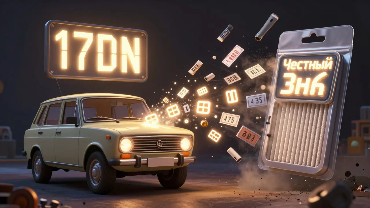 VIN-код превращается в список запчастей, а поддельные детали исчезают, пока настоящая с маркировкой 'Честный Знак' светится.