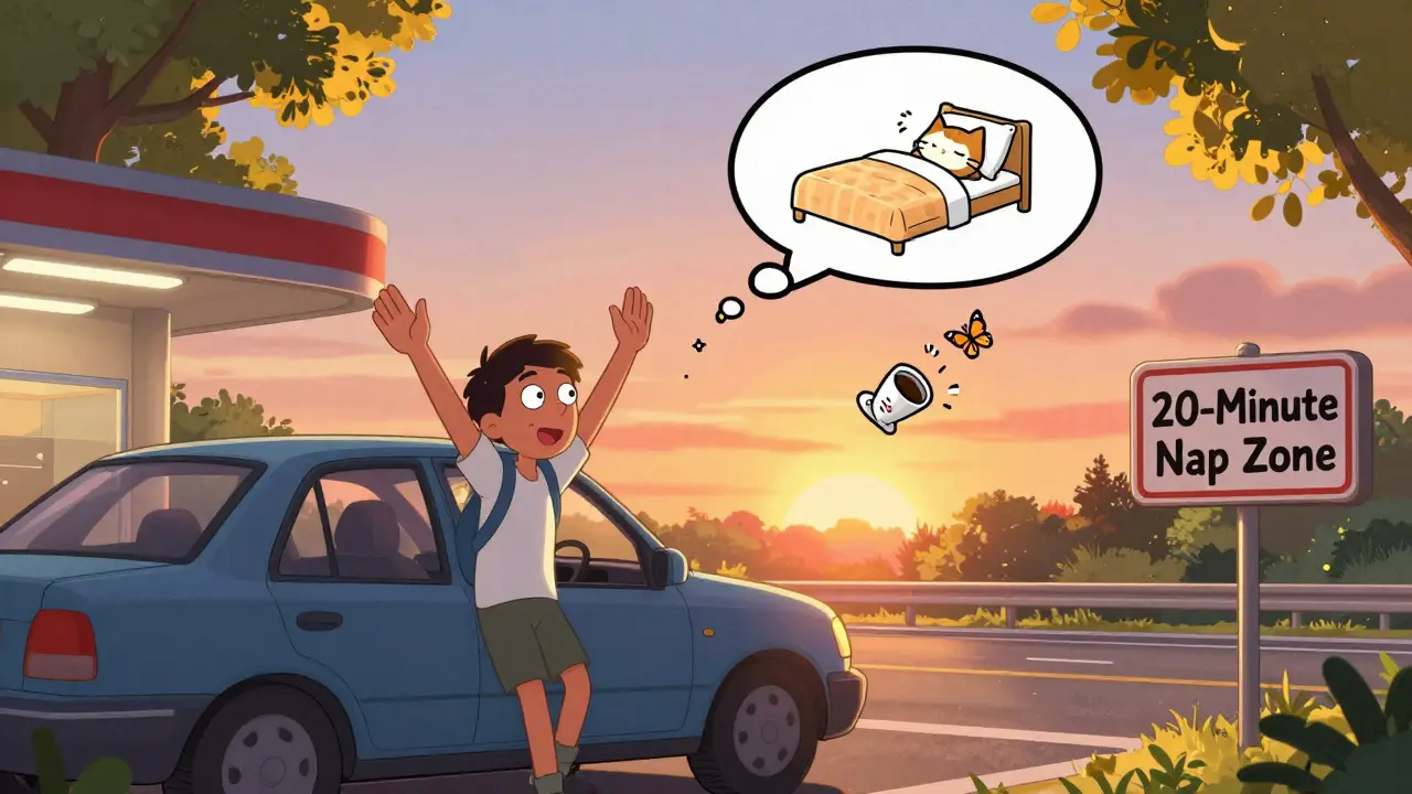 Водитель выходит из машины на заправке, тянется к солнцу, а кофе и жвачка превращаются в созвездия.