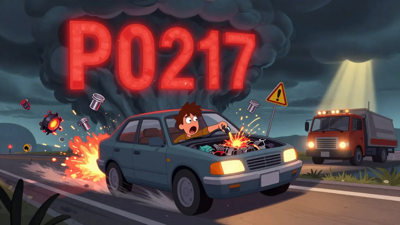 Автомобиль на дороге с огромным кодом P0217 в небе, искры из мотора, водитель в шоке, вдалеке — эвакуатор с добрым лицом.