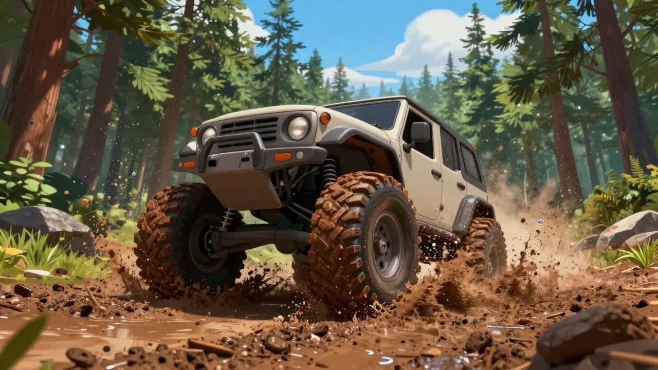 Автомобиль преодолевает грязевое бездорожье в лесу, яркая иллюстрация