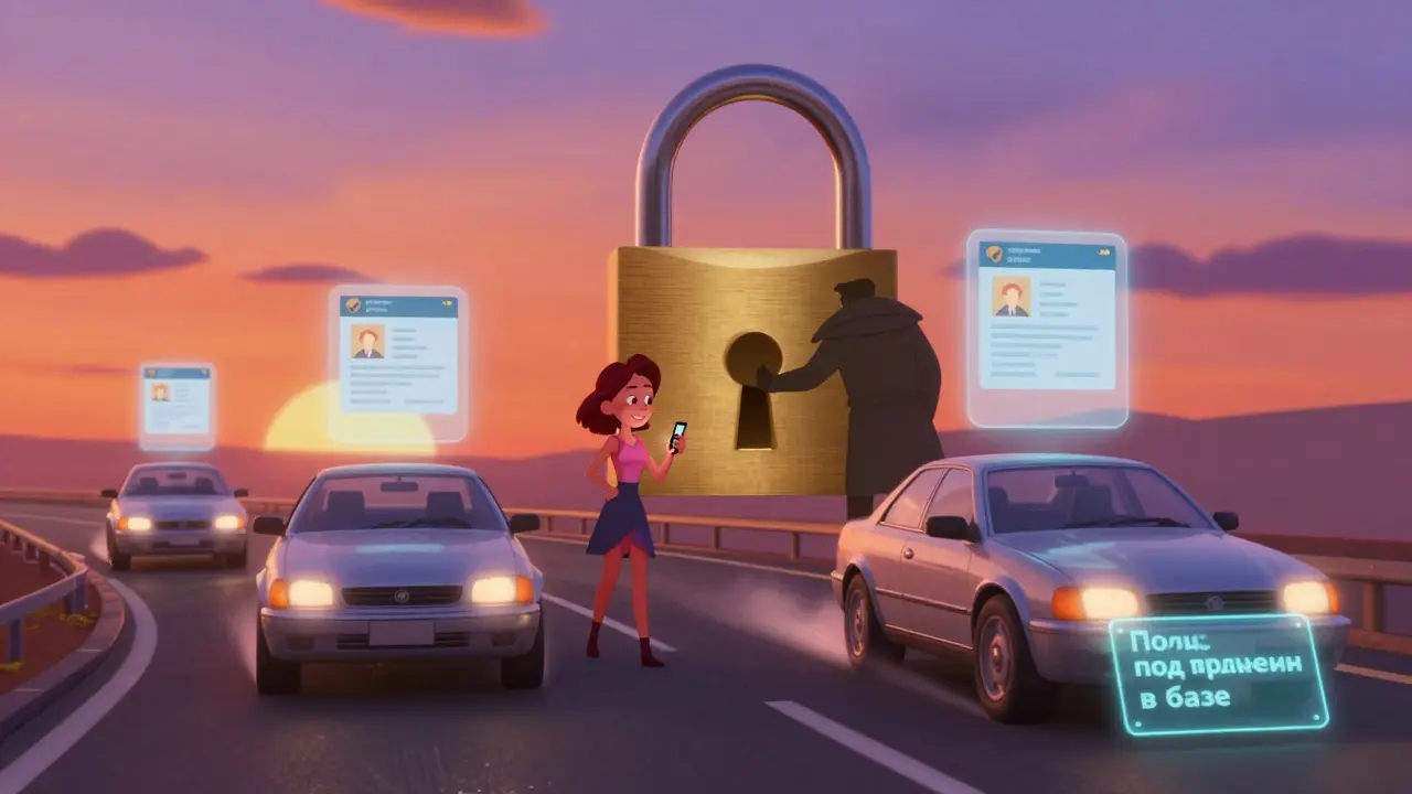 Автомобили на шоссе с цифровыми полисами ОСАГО над головой, одна женщина проверяет полис, а мошенник пытается подделать его.