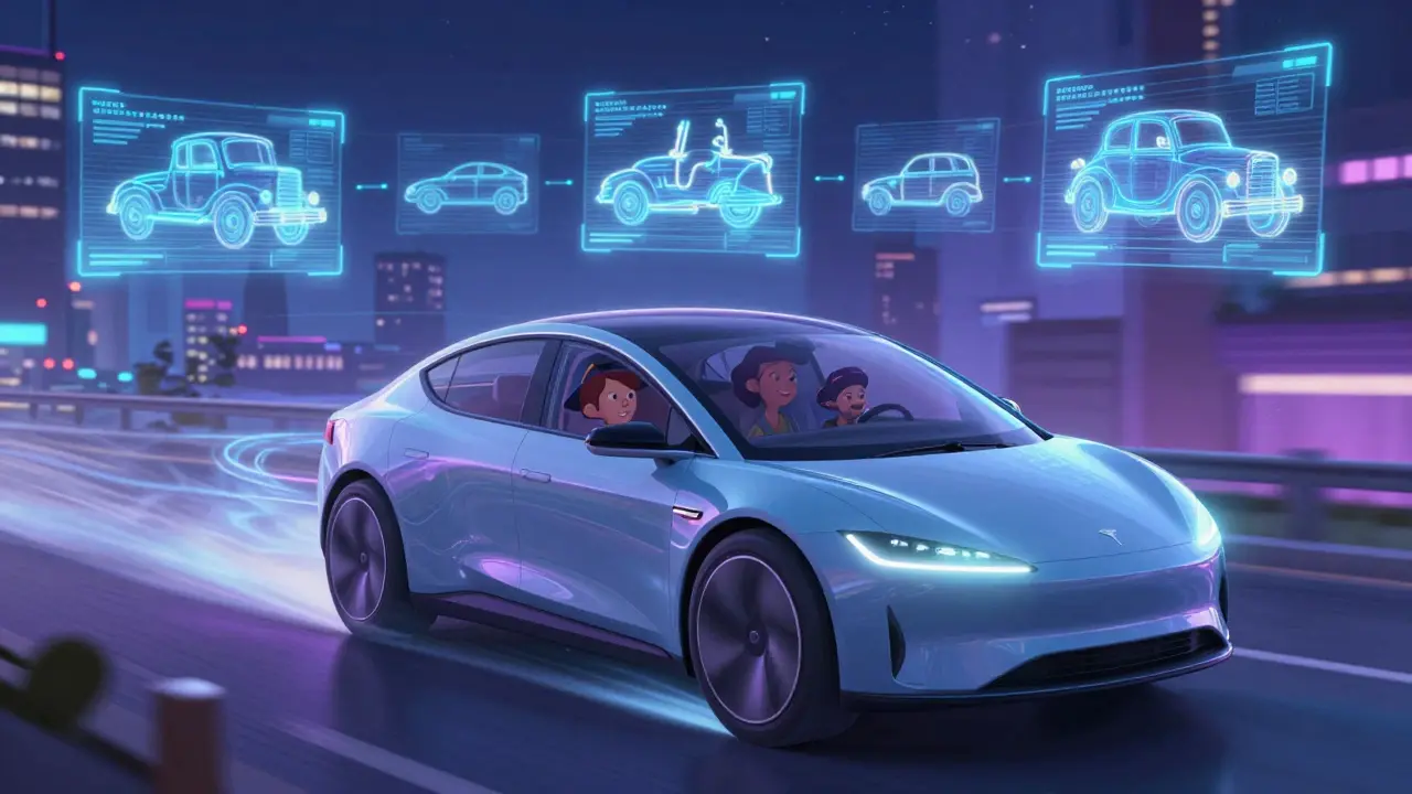 Будущий электромобиль с прозрачной кабиной и убирающимися колёсами скользит по ночному городу, отражая историю автомобилей в небе.