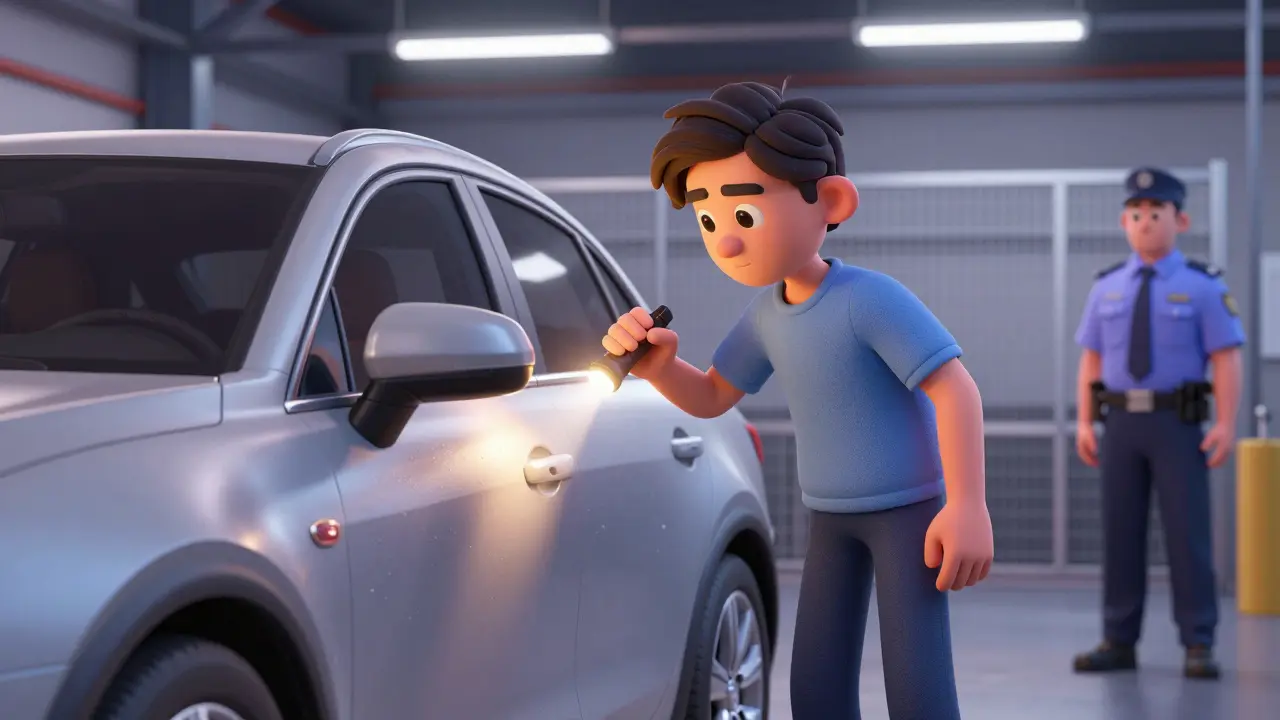 Человек проверяет автомобиль на наличие царапин на штрафстоянке