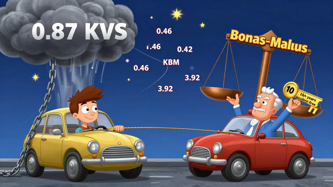 Два водителя в схватке: молодой с тяжелыми цепями, опытный с золотым ключом, над ними числа КБМ от 0,46 до 3,92, как звезды.